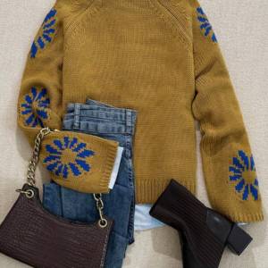 Women's Floral Knit Sweater Pullover, Loose Fit High Neck Long Sleeve, Mustard Yellow Acrylic Top for Autumn Winter