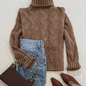 Womens Brown Knit Sweater Pullover, Textured High Neck Long Sleeve Top for Fall Winter, Business Casual Work Office