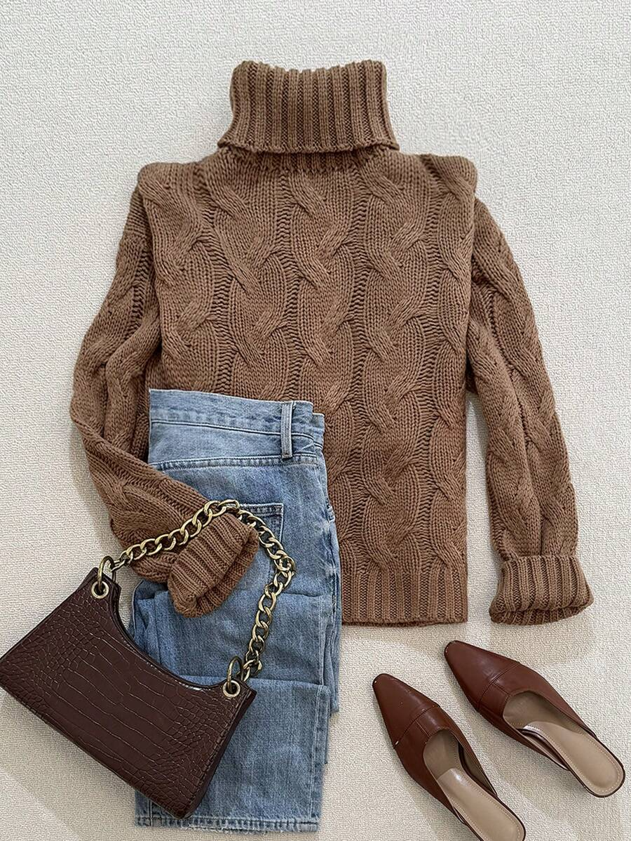 Womens Brown Knit Sweater Pullover, Textured High Neck Long Sleeve Top for Fall Winter, Business Casual Work Office