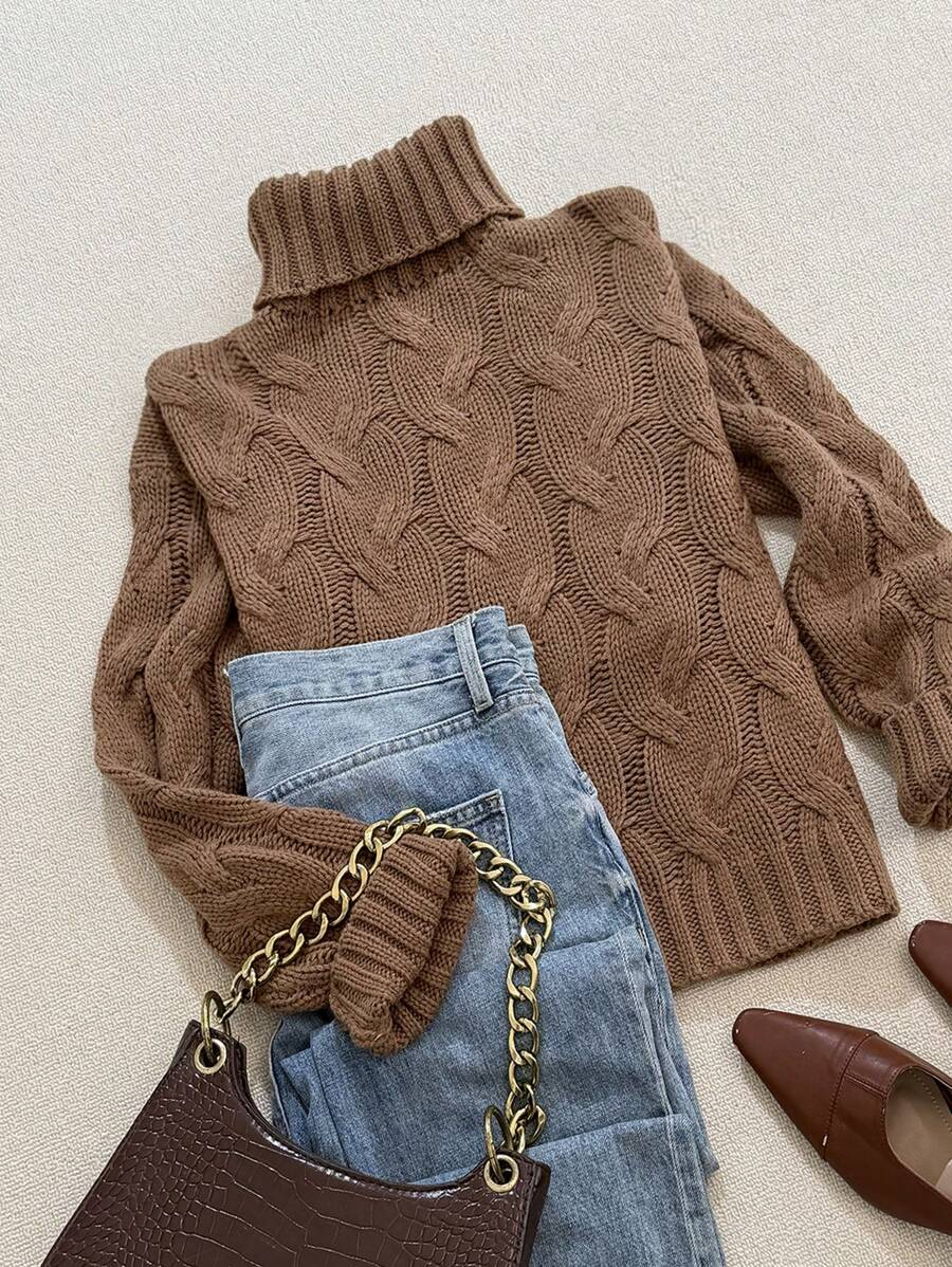 Womens Brown Knit Sweater Pullover, Textured High Neck Long Sleeve Top for Fall Winter, Business Casual Work Office - Image 3