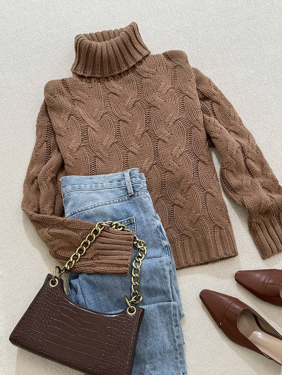 Womens Brown Knit Sweater Pullover, Textured High Neck Long Sleeve Top for Fall Winter, Business Casual Work Office - Image 2