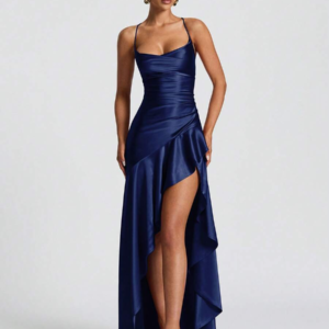 Navy Blue Halter Dress with Ruffle Hem & Backless Design | Size EU Size 36 (S)