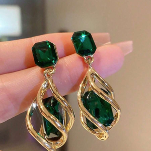 Dellgoo 2-Piece Geometric Drop Earrings with Green Gemstone & Rhinestones, Gold-Tone Elegant Dangle Earrings for Women