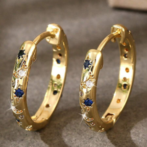 Celestial Star & Moon Hoop Earrings for Women, 14K Gold Plated Chunky Hoops with Blue Cubic Zirconia