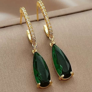 Green Cubic Zirconia Drop Earrings, Gold Fantasy Dangle Earrings for Wedding & Valentine's Day
